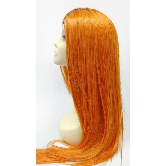 Orange dark roots long straight heat resistant wig